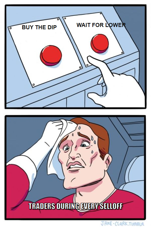 Two buttons meme, buy the dip or wait for lower, traders during every selloff