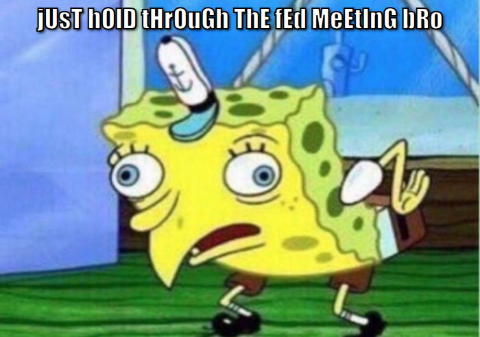 Mocking SpongeBob meme, just hold through the Fed meeting bro
