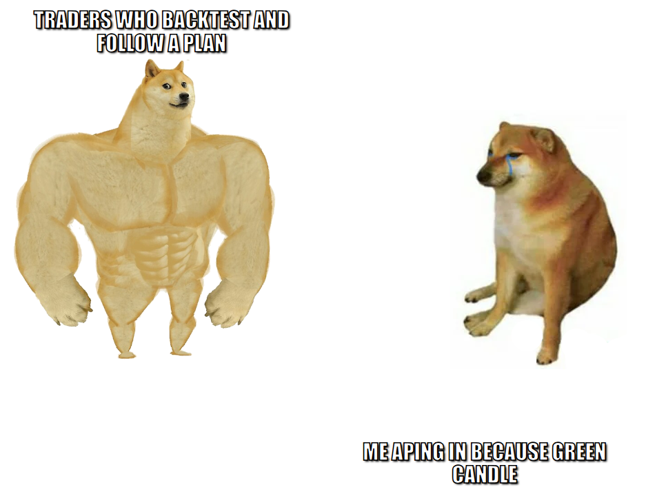 Buff Doge vs Cheems meme, traders who backtest and follow a plan versus me aping in because green candle