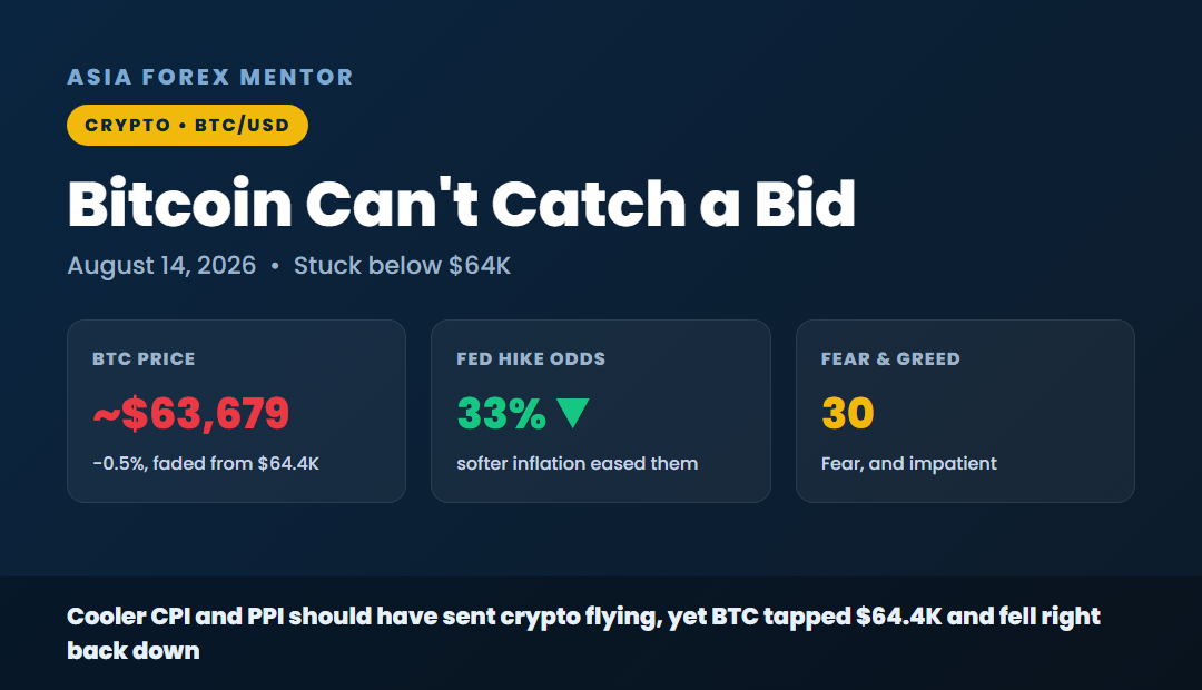 Bitcoin cant catch a bid, BTC around 63,679 down 0.5 percent, Fed hike odds 33 percent, Fear and Greed 30