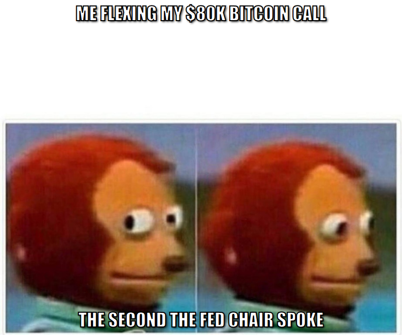 Monkey puppet side eye meme, me flexing my 80K bitcoin call the second the Fed chair spoke