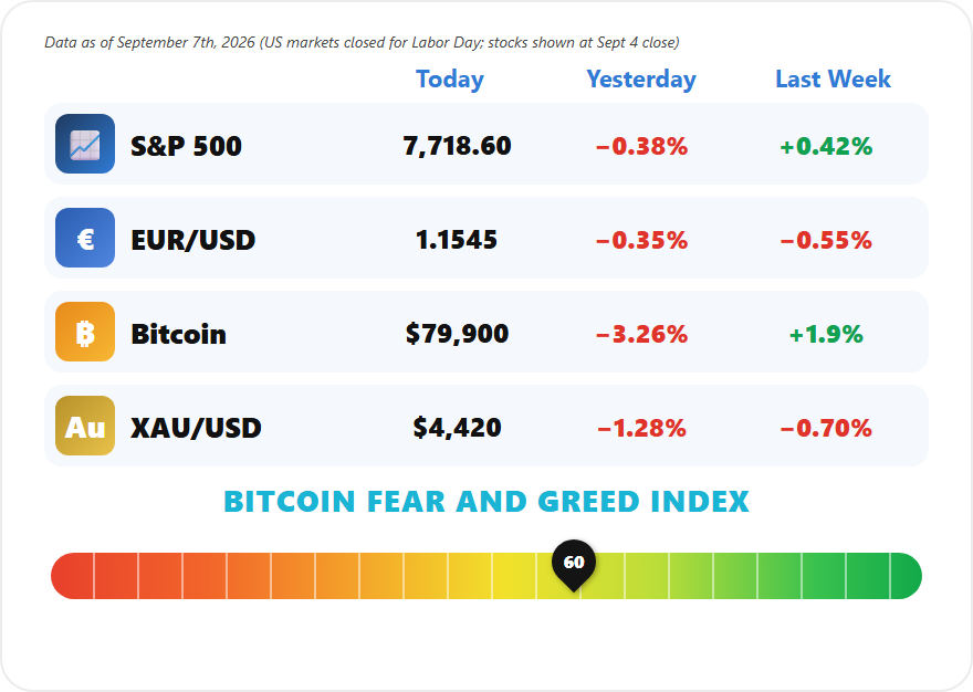 Weekly Market Mayhem September 7 2026, S&P 500 7,718.60, EUR/USD 1.1545, Bitcoin 79,900, gold 4,420, Fear and Greed 60