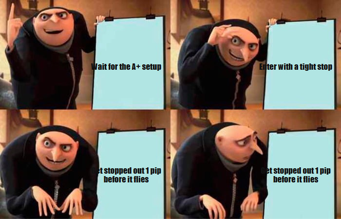 Gru's plan meme, the perfect setup gets stopped out one pip before it flies to target