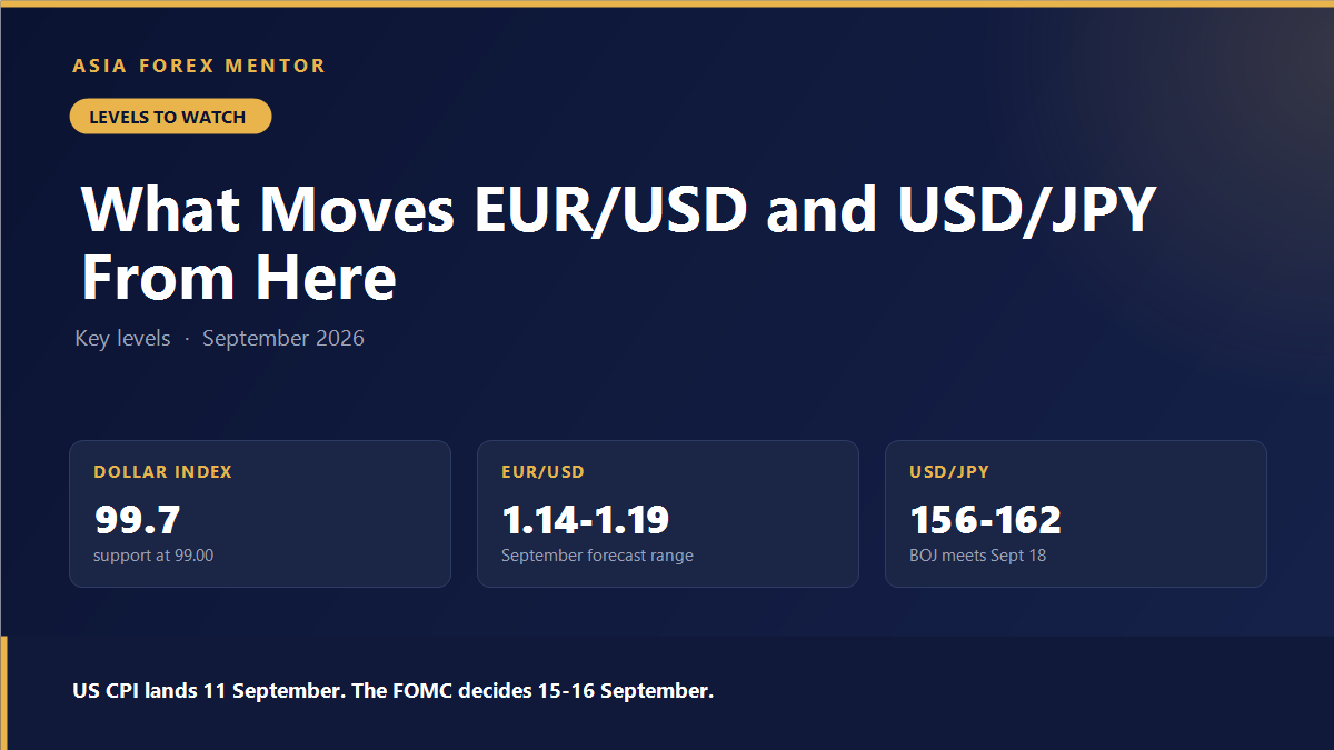 Dollar index at 99.7 with EUR/USD 1.14-1.19 and USD/JPY 156-162 September forecast ranges