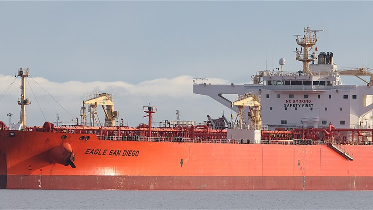 A red crude oil tanker at sea