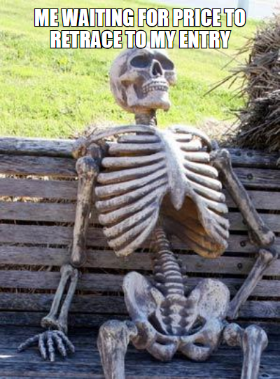 Waiting Skeleton meme, me waiting for price to retrace to my entry
