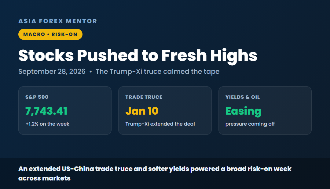 Stocks pushed to fresh highs, S&P 7,743.41 up 1.2 percent on the week, Trump-Xi trade truce extended to January 10, yields and oil easing