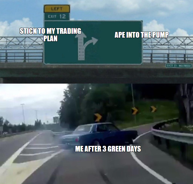 Left Exit 12 meme, sticking to my trading plan versus aping into the pump after 3 green days